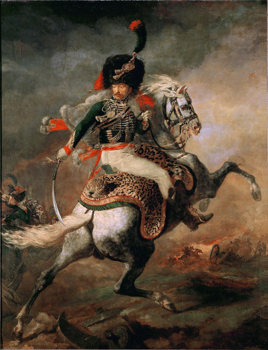 Man on a horse rearing up with a lion saddle