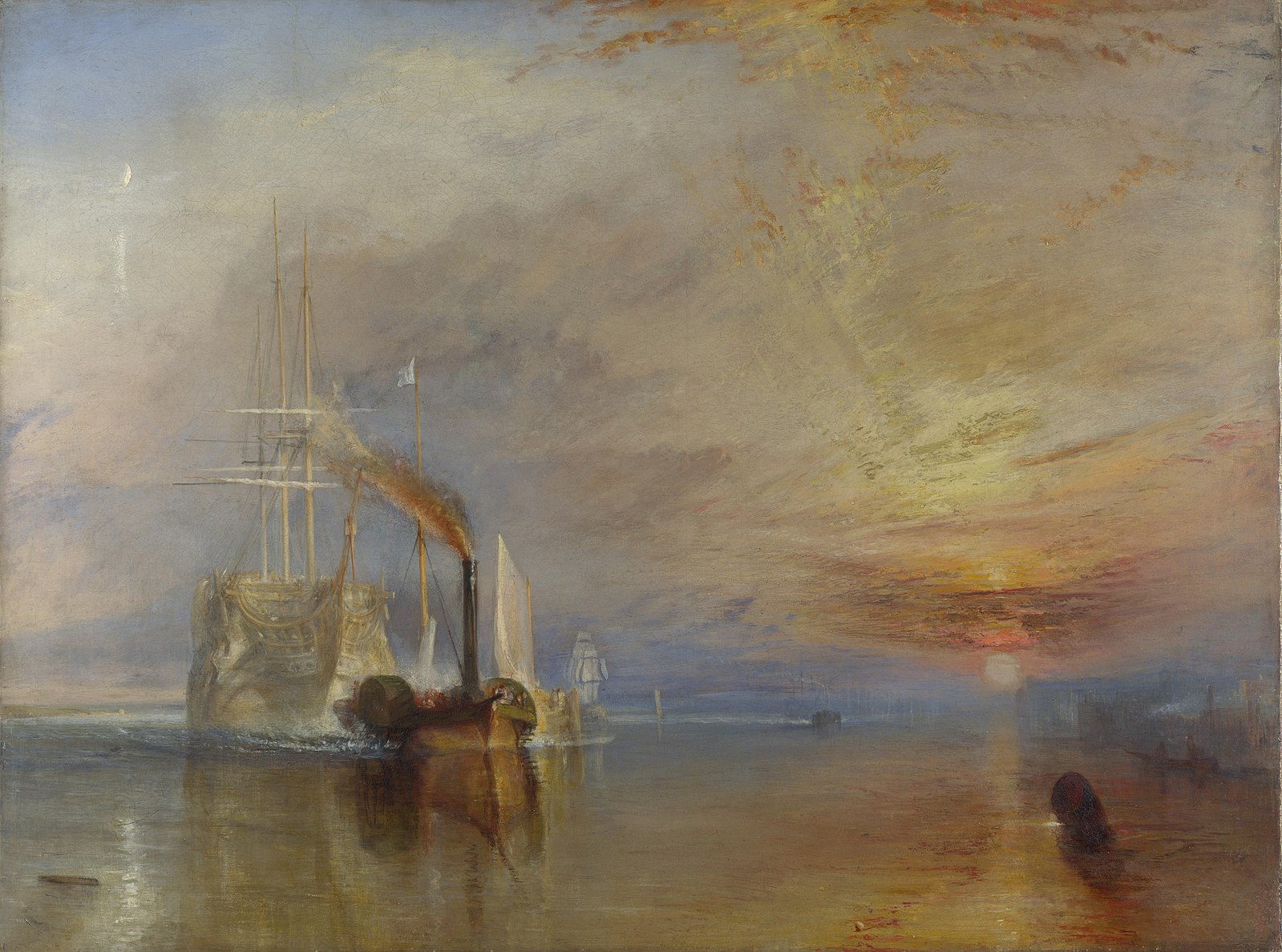 Steam ship on the water with a sunset 