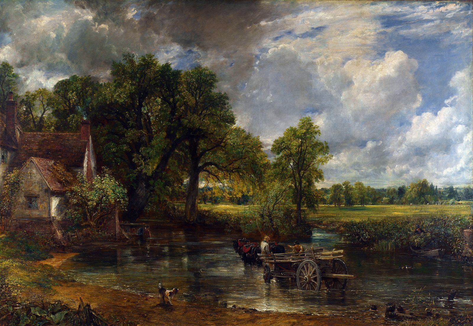 outdoor scene of a man and his wagon crossing a creek