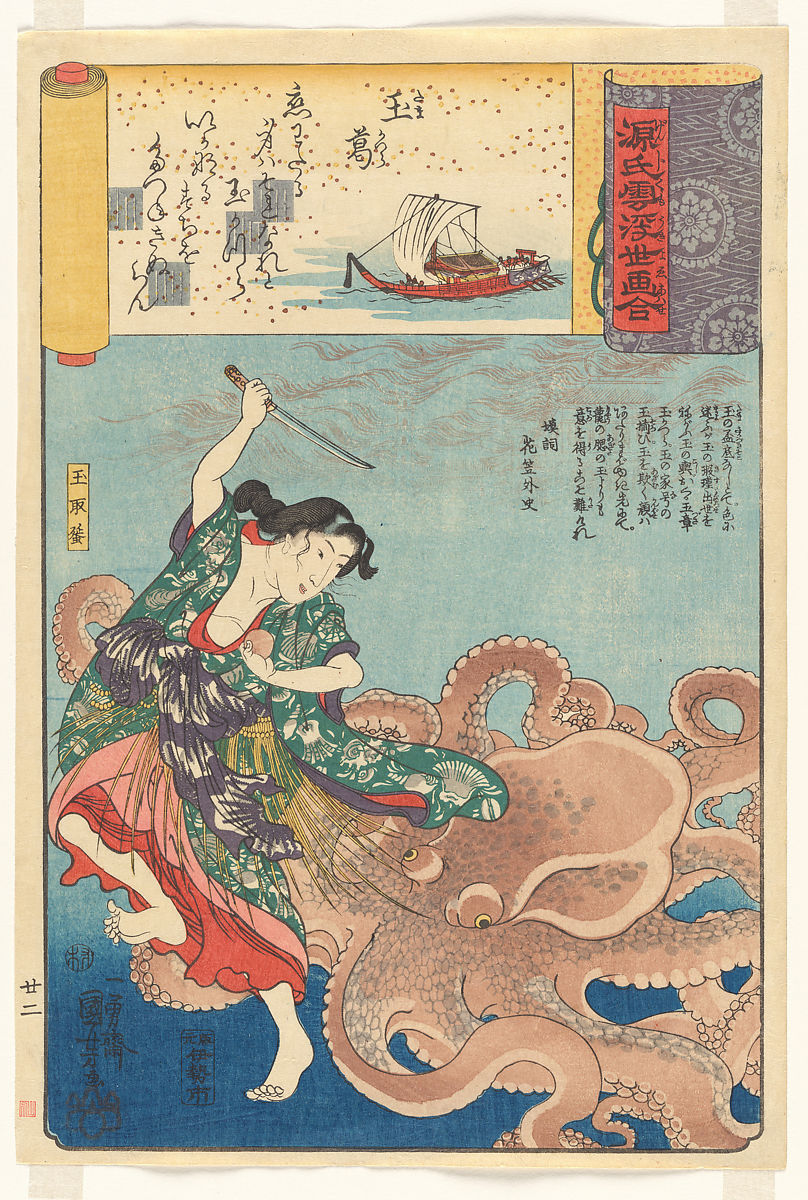 A person fighting a octopus with a knife