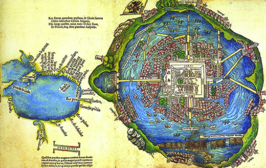Une carte montre la ville de Tenochtitlán. Le rendu représente des voies navigables, des bâtiments sophistiqués, des navires et des drapeaux. De nombreuses chaussées relient le centre-ville aux terres environnantes.