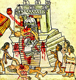 Une illustration montre un prêtre aztèque coupant le cœur battant d'une victime sacrificielle au sommet des marches d'un temple. Le cœur s'élève de la poitrine de la victime vers le soleil. Une victime précédente est représentée allongée au pied du temple, entourée de plusieurs spectateurs.