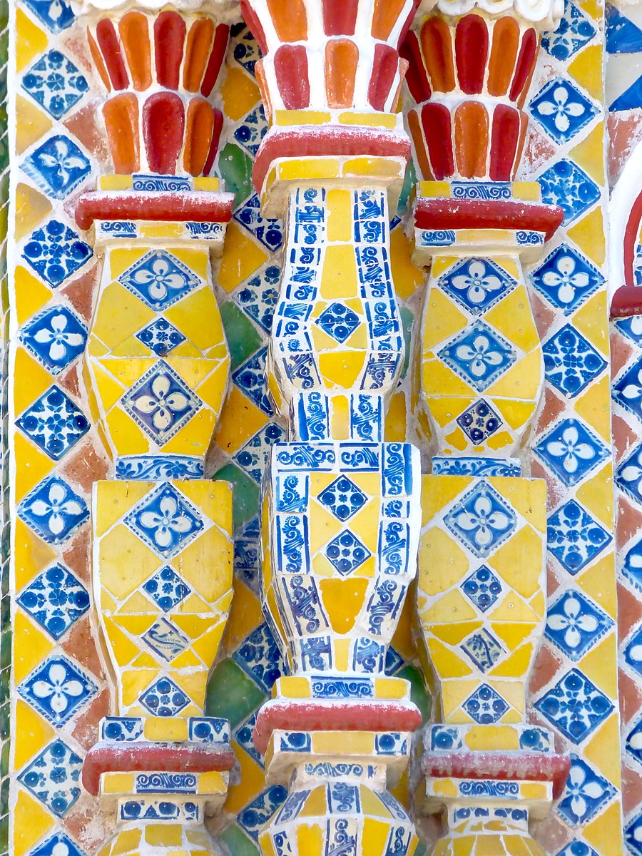 closeup of mosaic colorful tile on the outside of the church