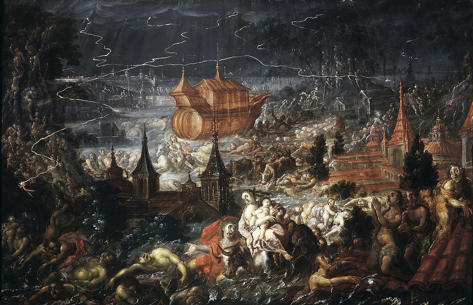 A dark scene at night with a boat and storm waters and people drowning