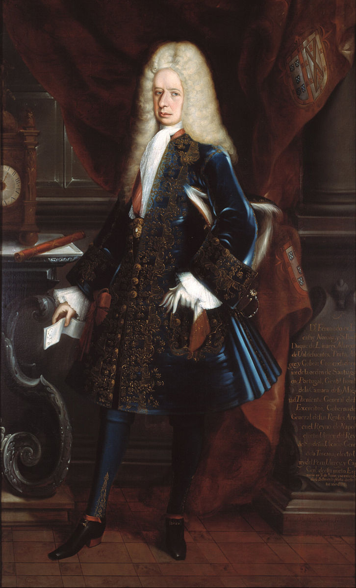 A painting of a man in a dark blue outfit and a wig of white hair