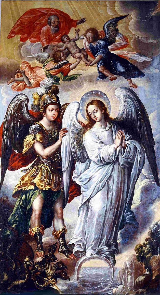 Two large angels in the foreground with several putti flying around
