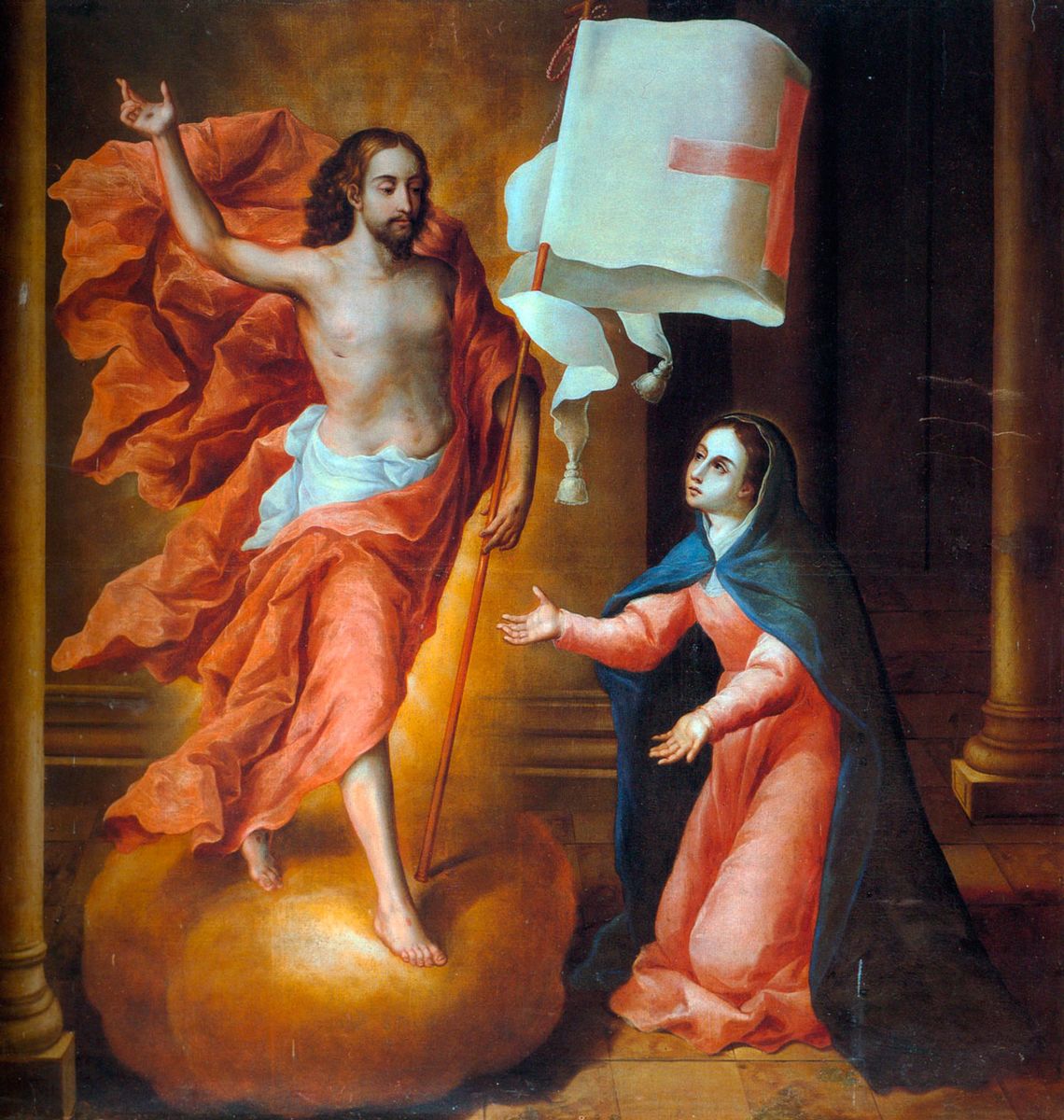 A man and women wearing red robes and carrying a white flag