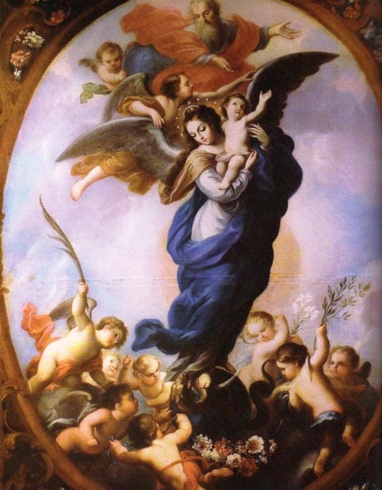 A woman holding a baby with wings surrounded by other children