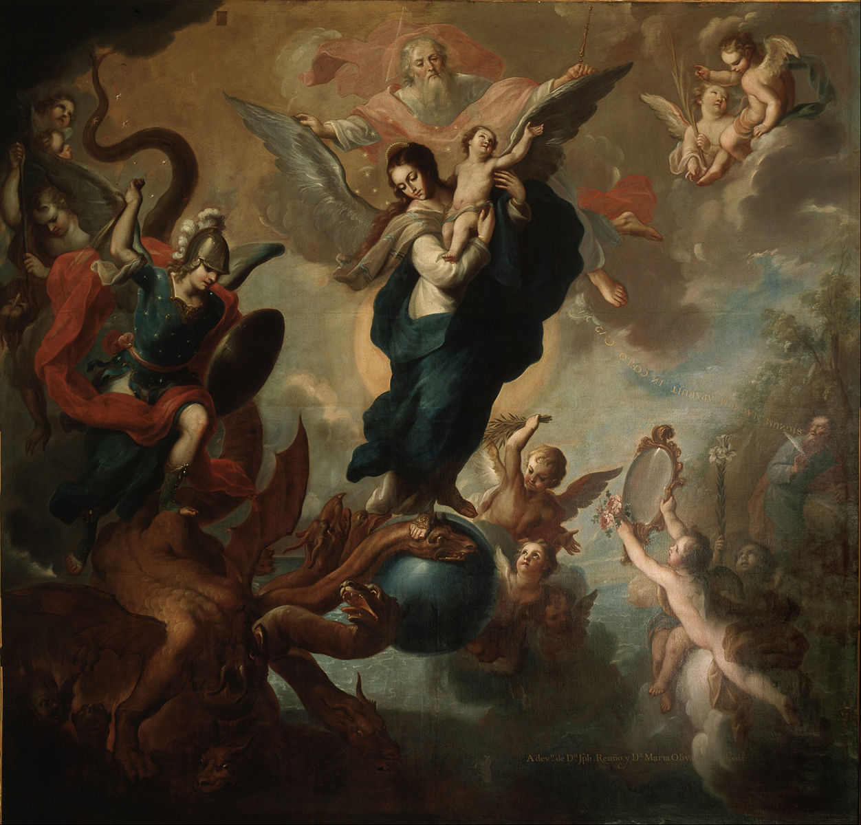 A religious scene of a woman holding a baby with wings and a person slaying a 5 headed animal