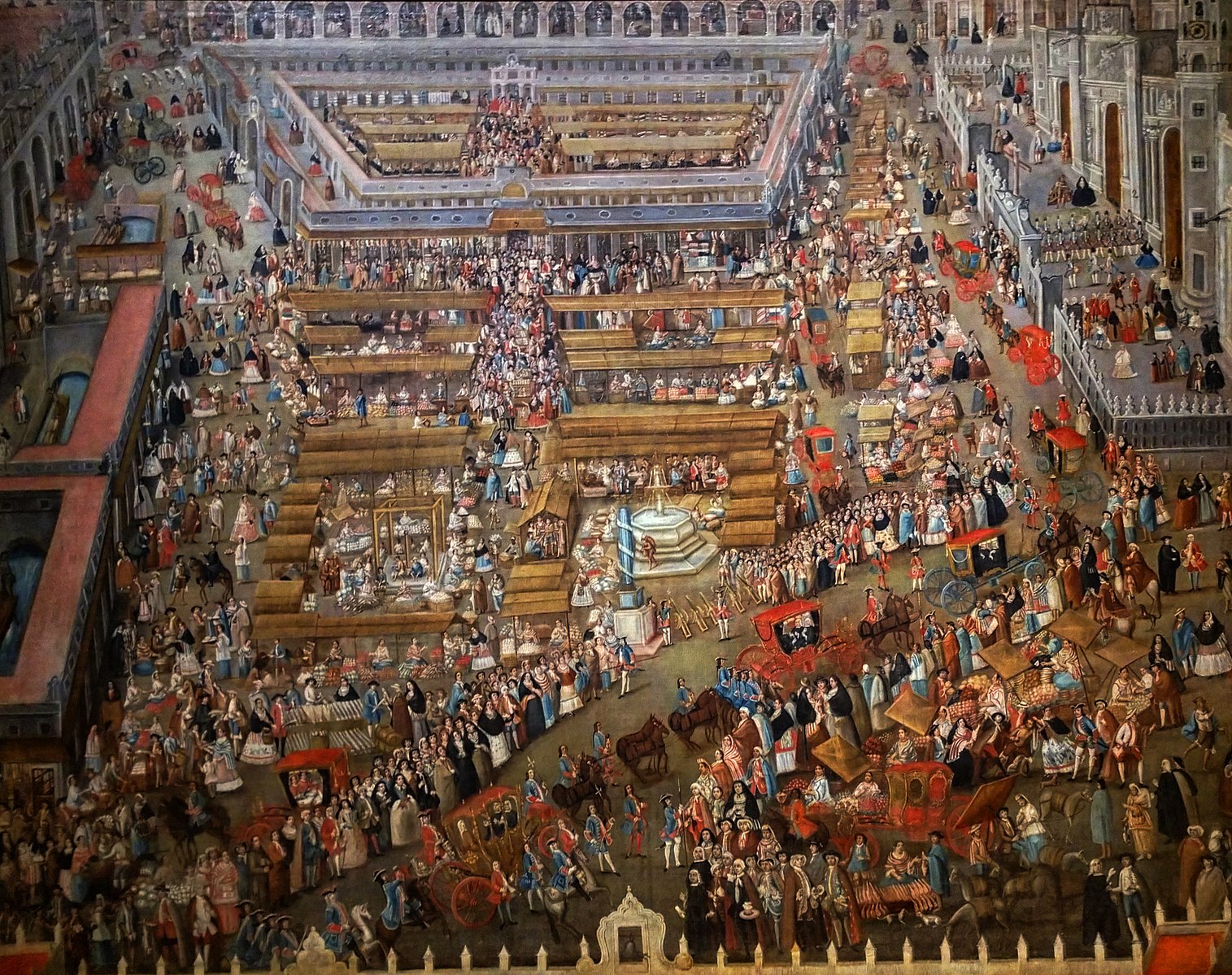 A very detailed scene of a market place in the center of town from a birds eye