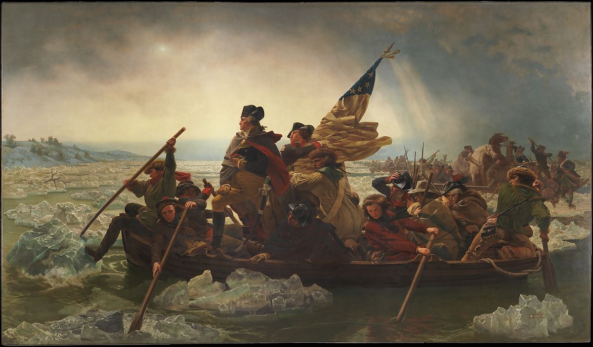 A group of men crossing a river with ice holding up a flag
