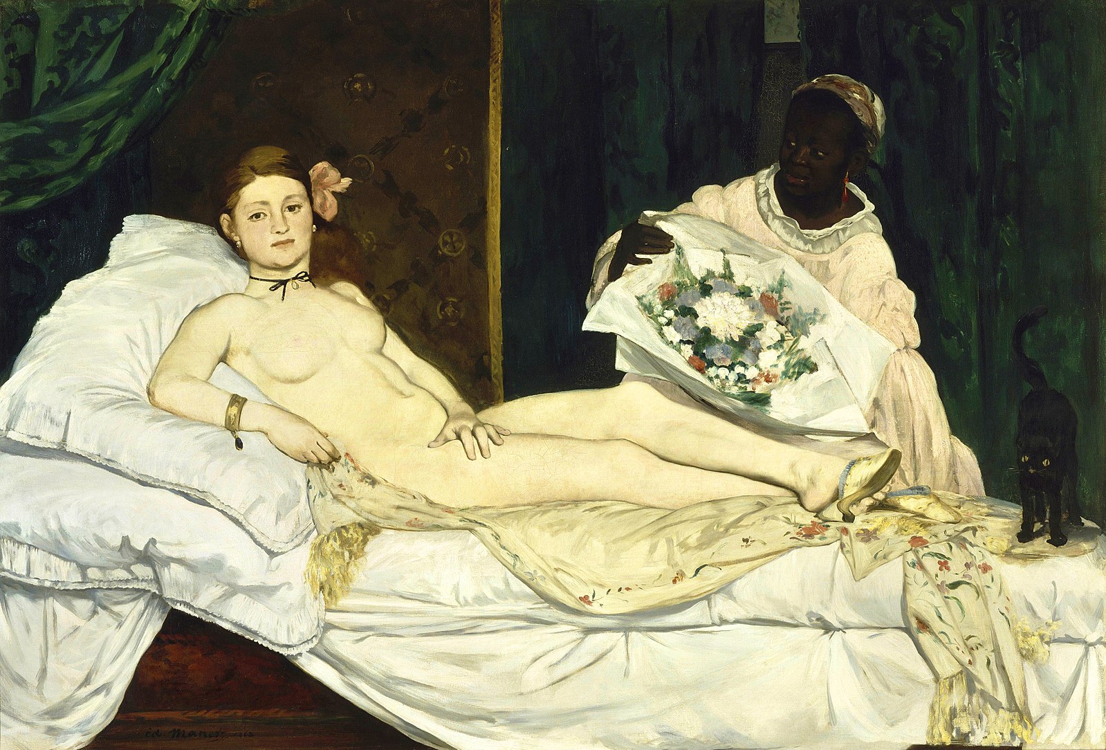 A nude women laying on a bed with a black cat and a servant bringing her flowers