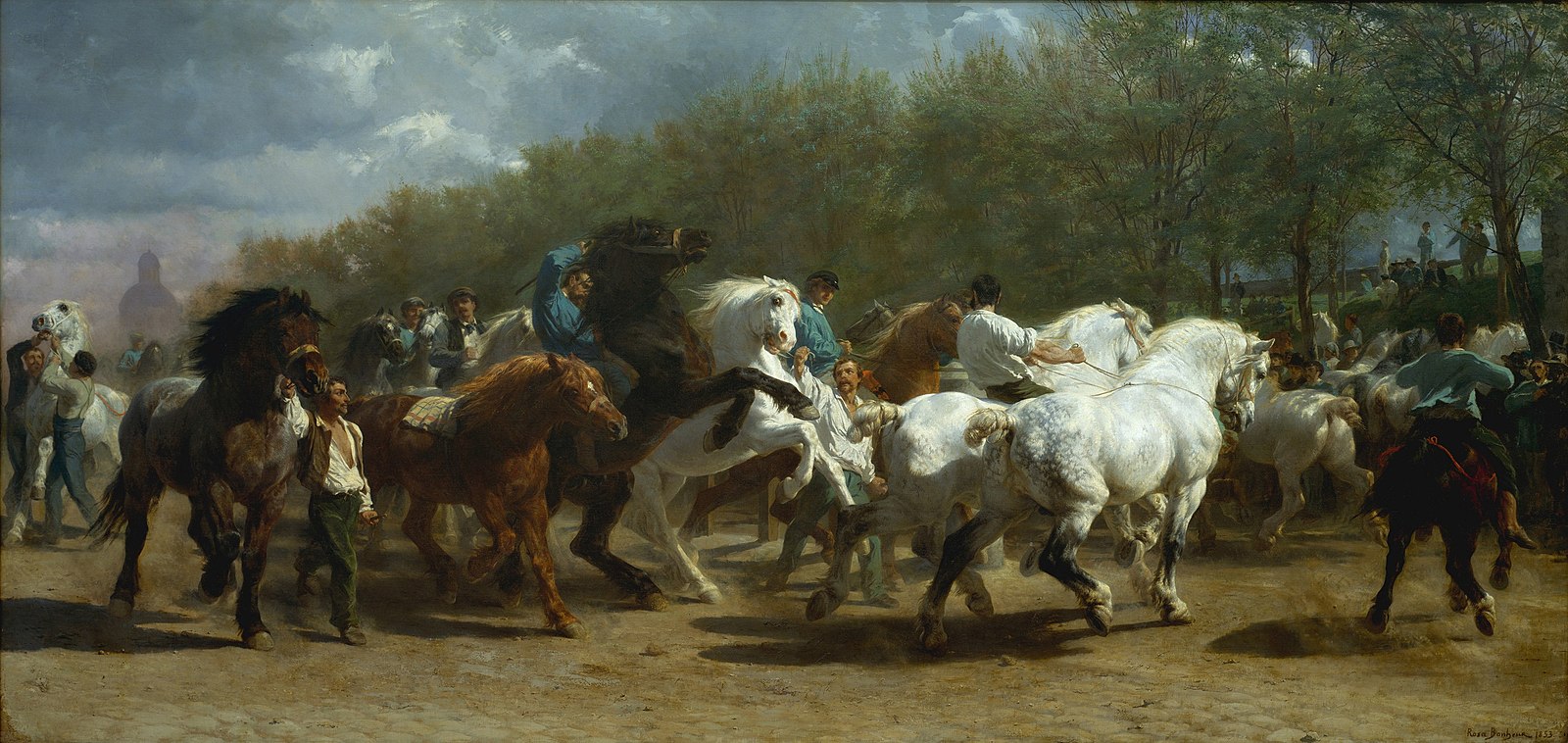 A horse fair with several horses and men outside