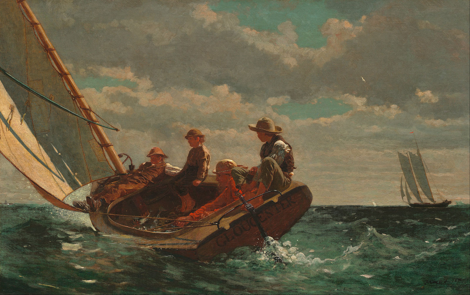 Three boys and a man sailing a boat on the ocean with white caps