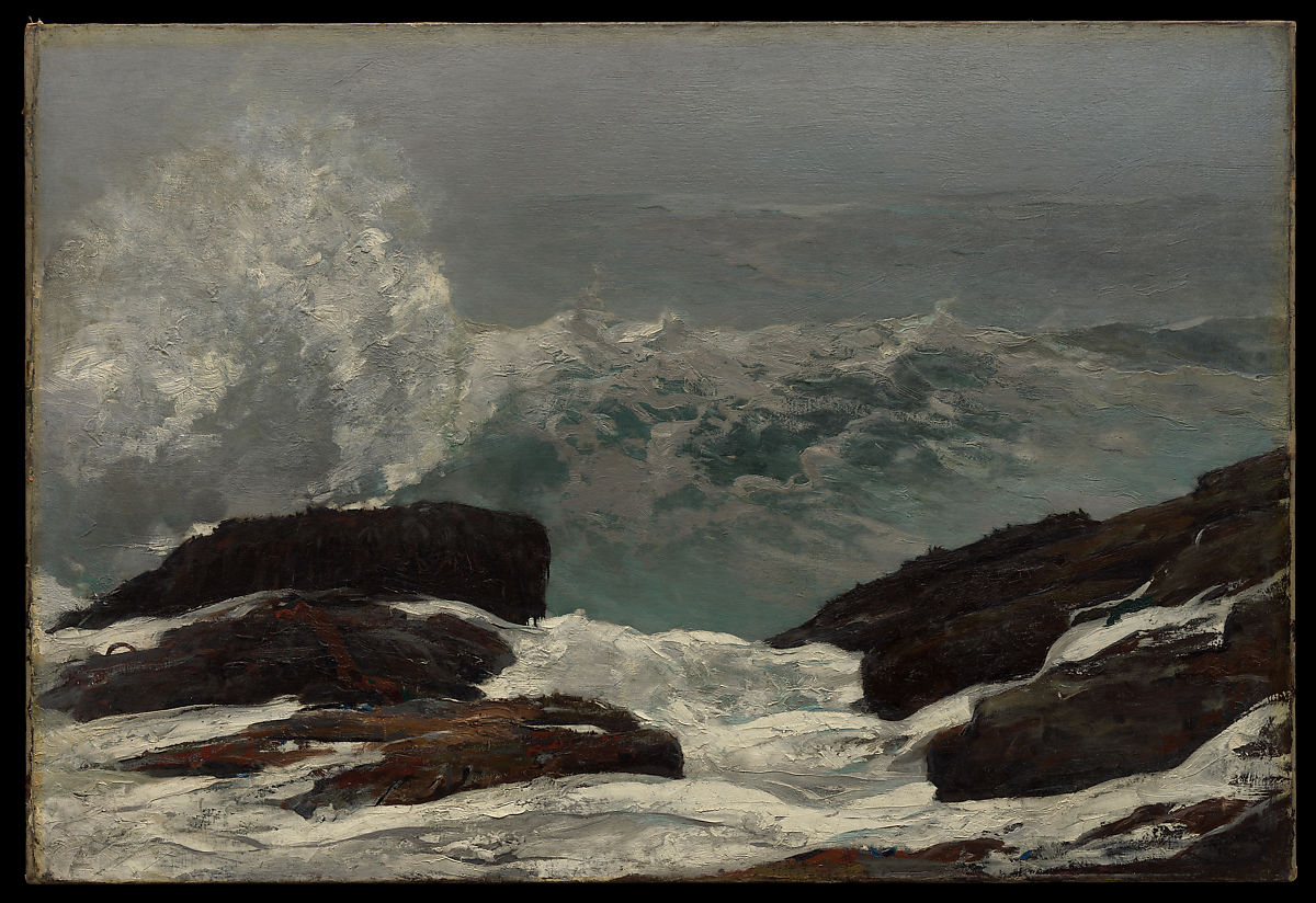 An ocean scene with several rocks and large waves