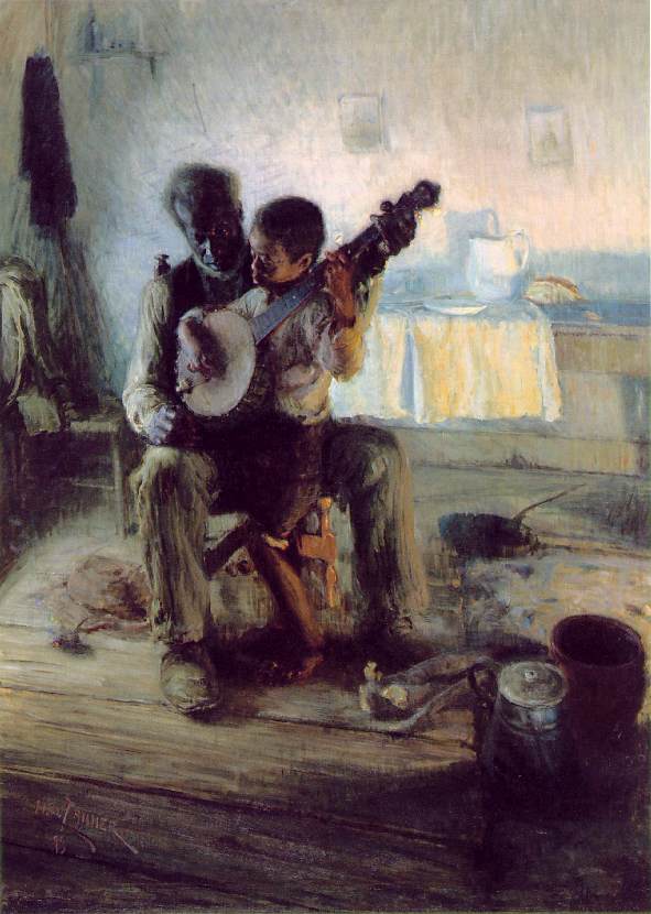 A man giving a banjo lesson to a young boy in a room