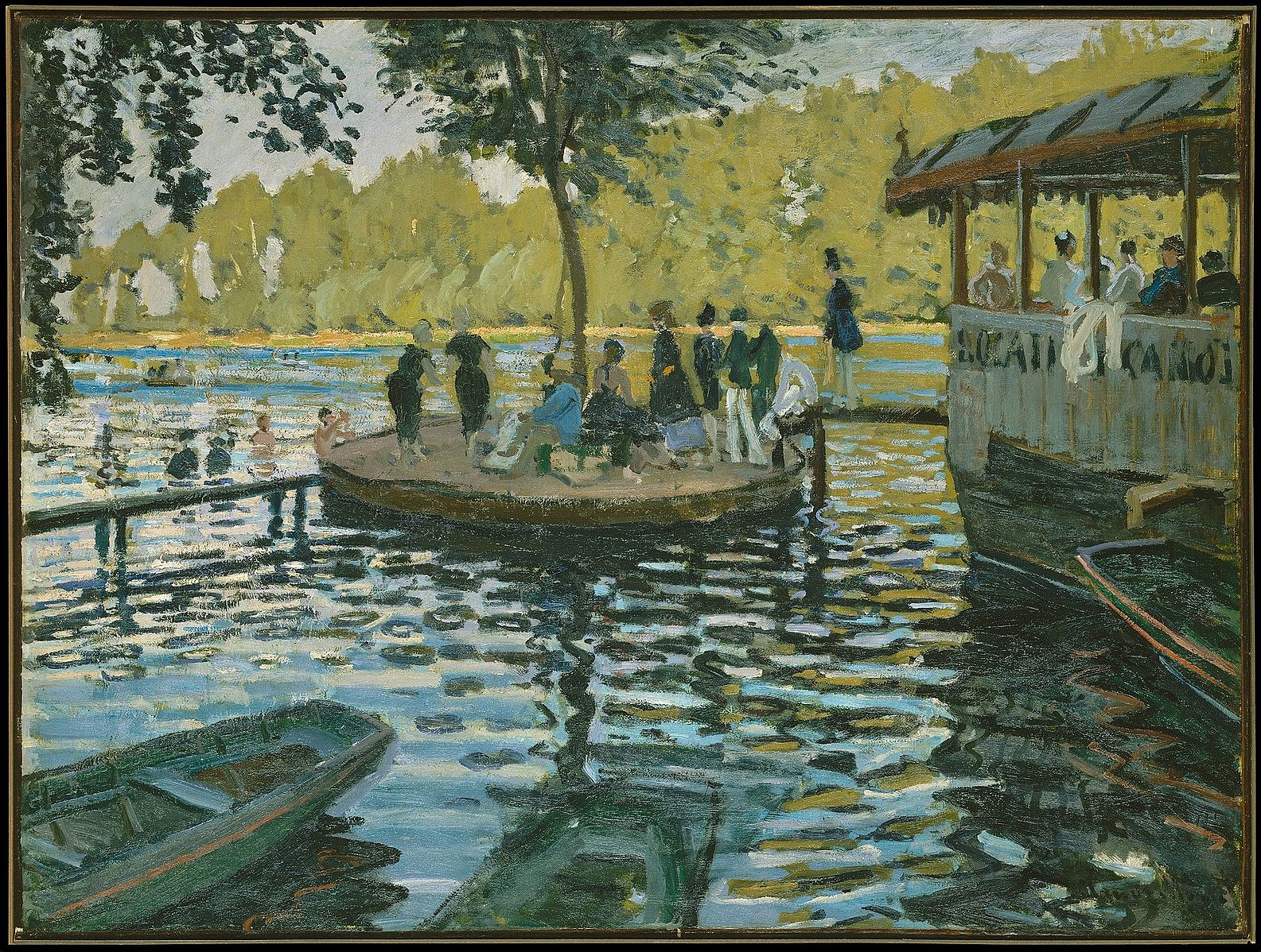 A group of people sitting on a floating dock with trees and the river