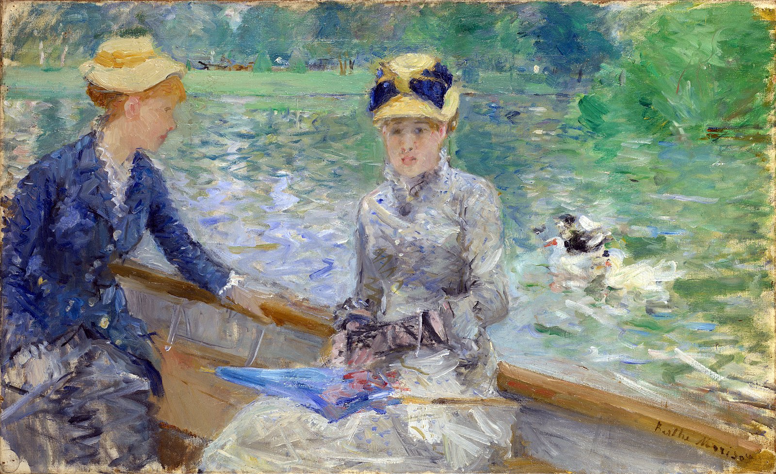 Two woman in dresses sitting in a rowboat on a lake