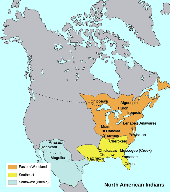 Um mapa mostra a localização das culturas do Sudoeste (Pueblo), do Sudeste e das tribos da Floresta Oriental, bem como da antiga cidade de Cahokia.