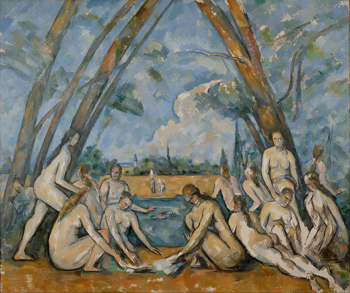 Seventeen nude people sitting on the side of a lake with tall trees