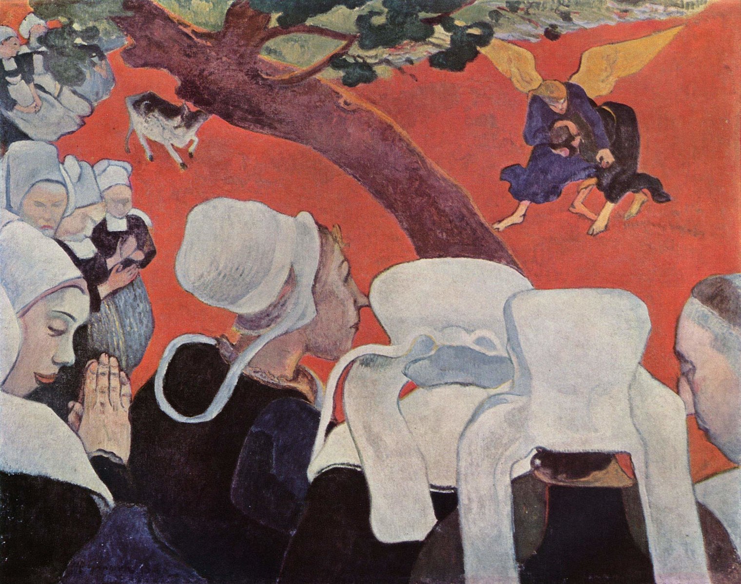 Several women wearing white caps on their heads watching a winged man wrestle another man