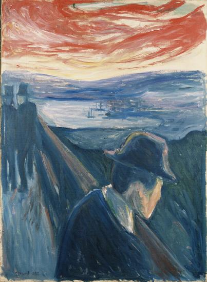 Three men on a pier over water with a glowing red orange yellow sunset