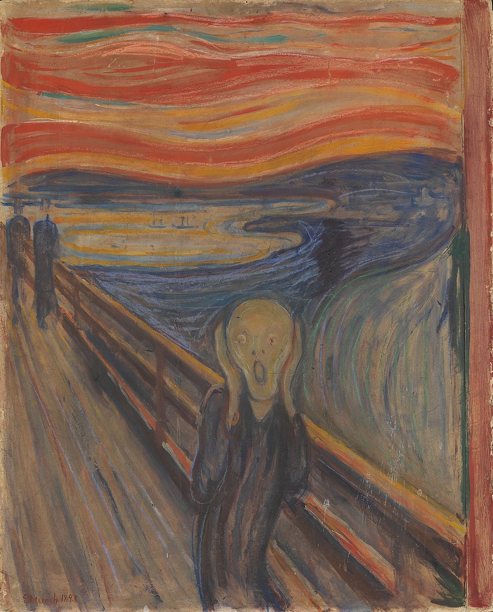 Three men on a pier over water with a glowing red orange yellow sunset and one of them is screaming