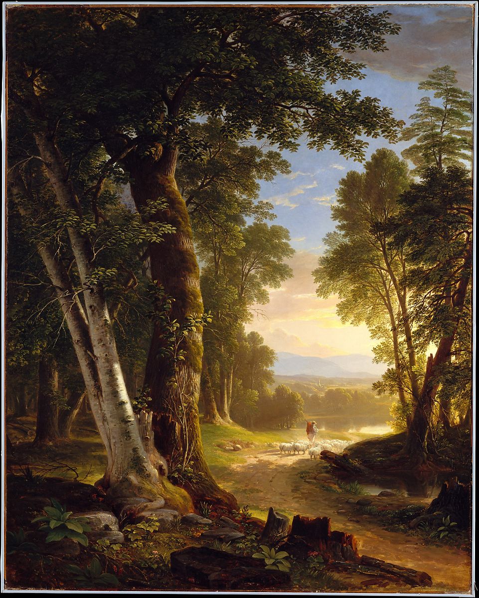 A landscape with trees and a young man with several sheep