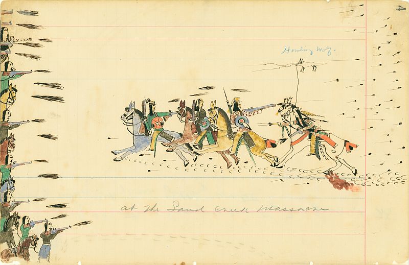 Horses with men riding into a line of men with guns in combat