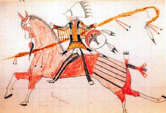 A man riding a red horse in combat