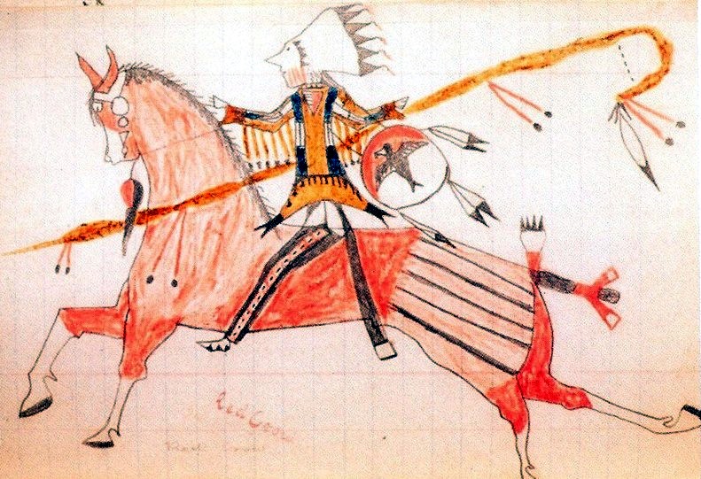 A man riding a red horse in combat
