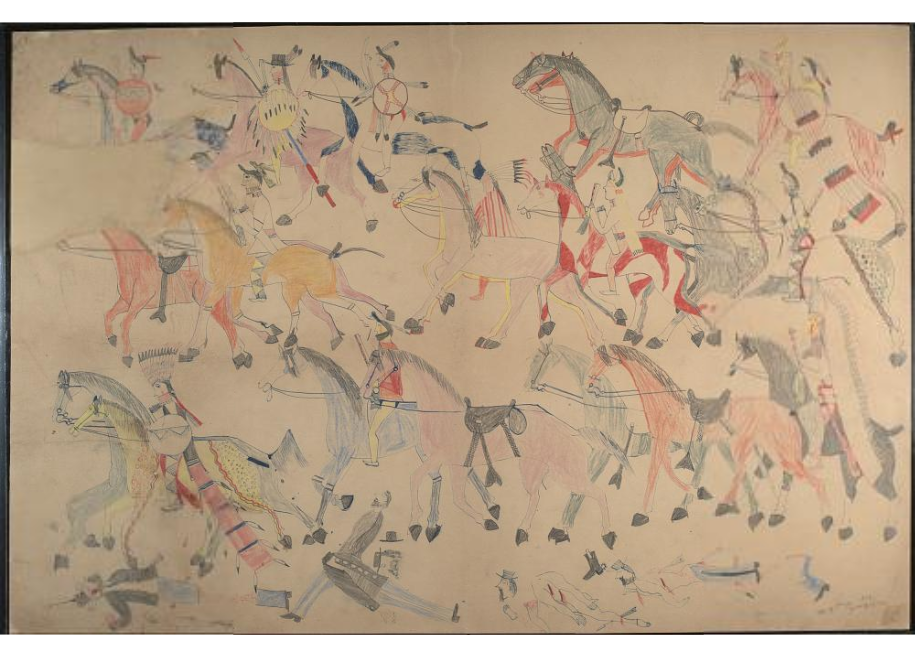 Several horses and men in combat