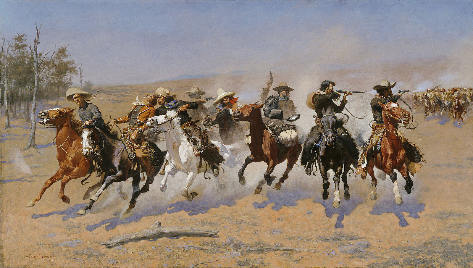 Several men on horseback galloping away from another set of men on horseback