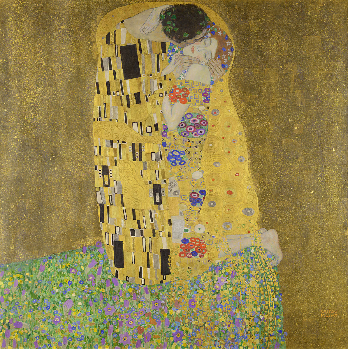 A man and woman embraced in a kiss against a gold background
