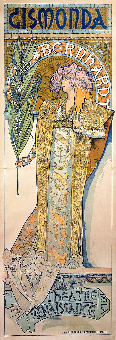 A women dressed in a golden gown holding a large palm frond