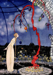 A woman dressed in white staring at a red branch in a made up background