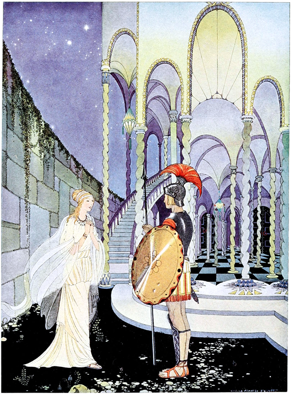 A man dressed in war gear and woman in a white dress facing each other in a cathedral