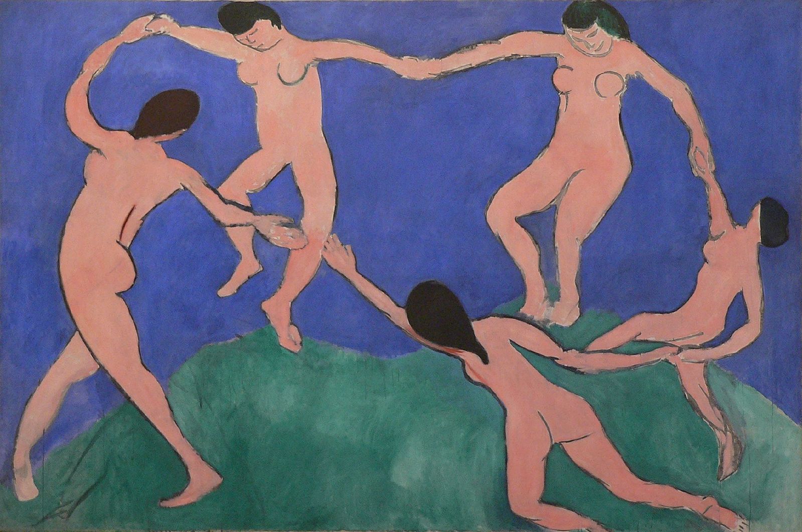 Five nude woman holding hands in a circle dancing on a green surface