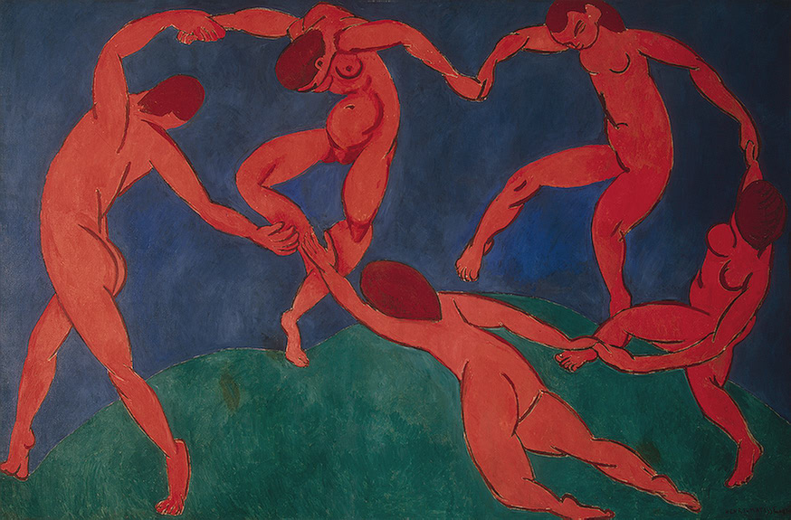 Five red nude woman holding hands in a circle dancing on a green surface