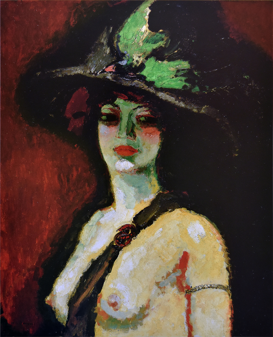 A nude woman with a very large hat and a green bow against a dark red brown background
