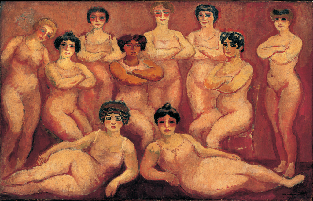 Ten woman standing, sitting, or laying wearing tight ballet type cloths