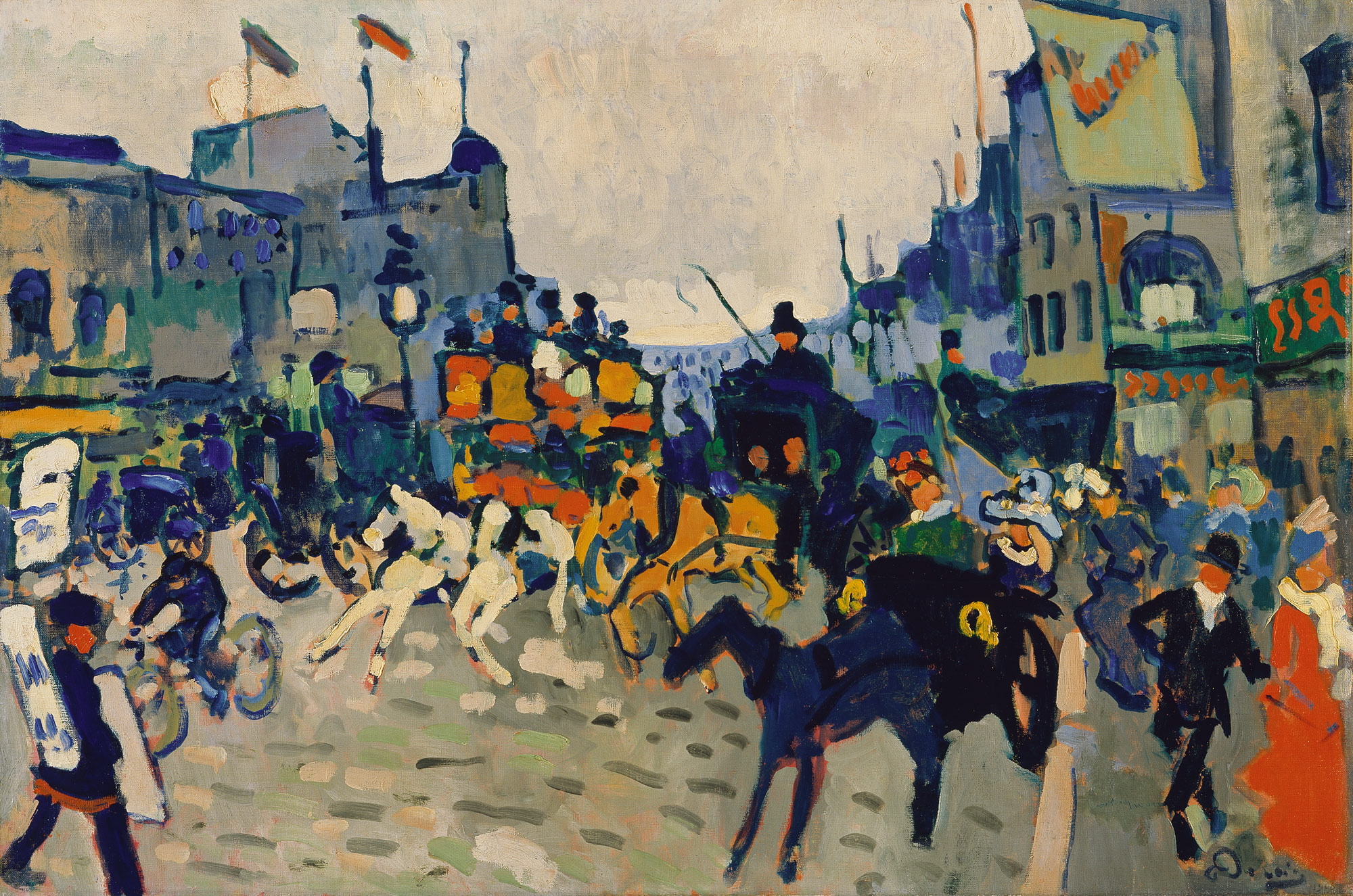 A street scene with horse drawn carriages and people walking on the sidewalks 
