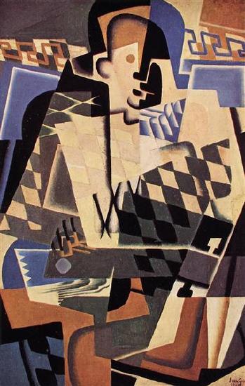 A person playing a guitar with multiple shapes in many colors