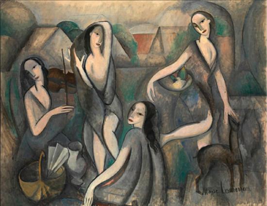 Four woman in grey wraps with a dog outside