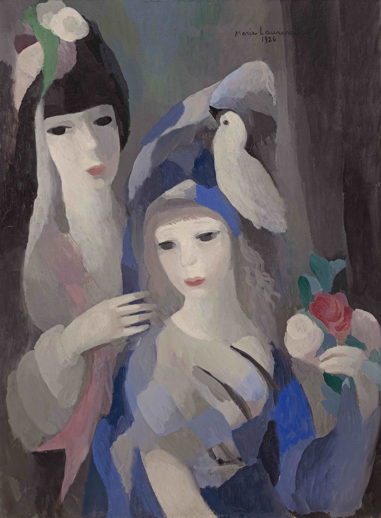 Two women, one standing, one sitting with a bird on her head and flowers in her hand