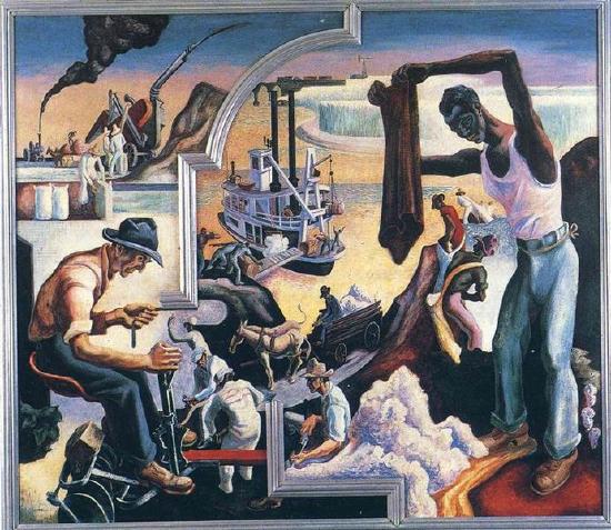 Several people working in factories with a boat in the background