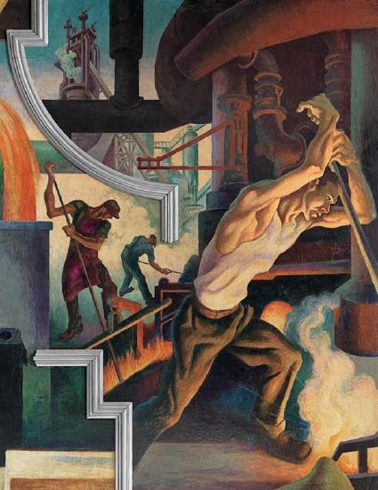 Men working in a steel factory with smoke and fire