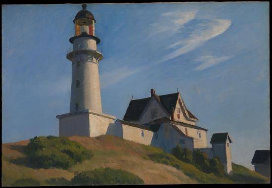 A light house and a house on a hill against the blue sky