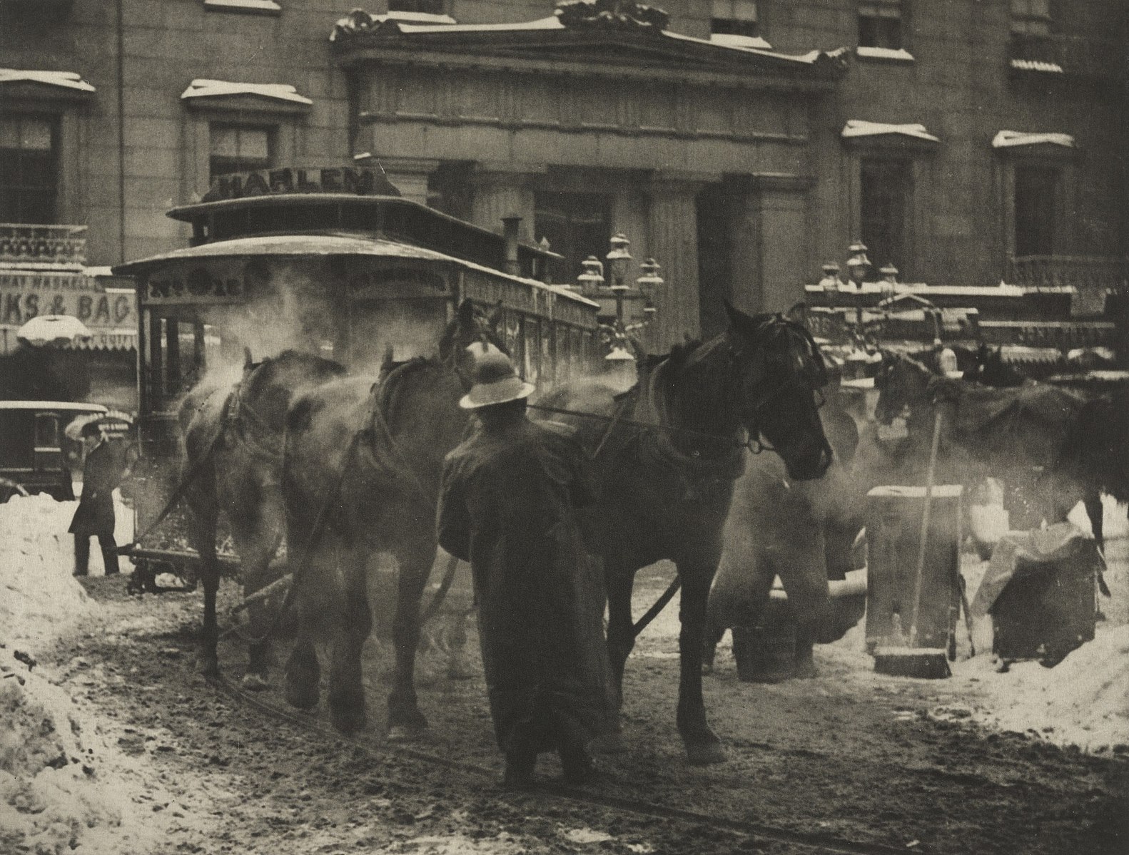 A photograph of horses pulling trollys in a city scene