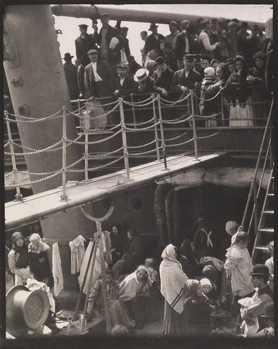 Boarding scene of a large ship with poor people on the bottom and rich on the top